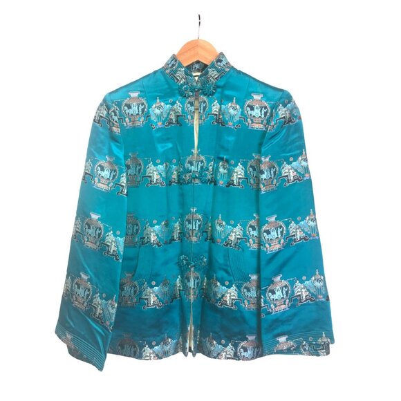 Golden Lotus at Waikiki Jackets & Blazers - VTG 50's Golden Lotus at Waikiki Satin Embroidered Jacket Pockets Teal Boho Sz L